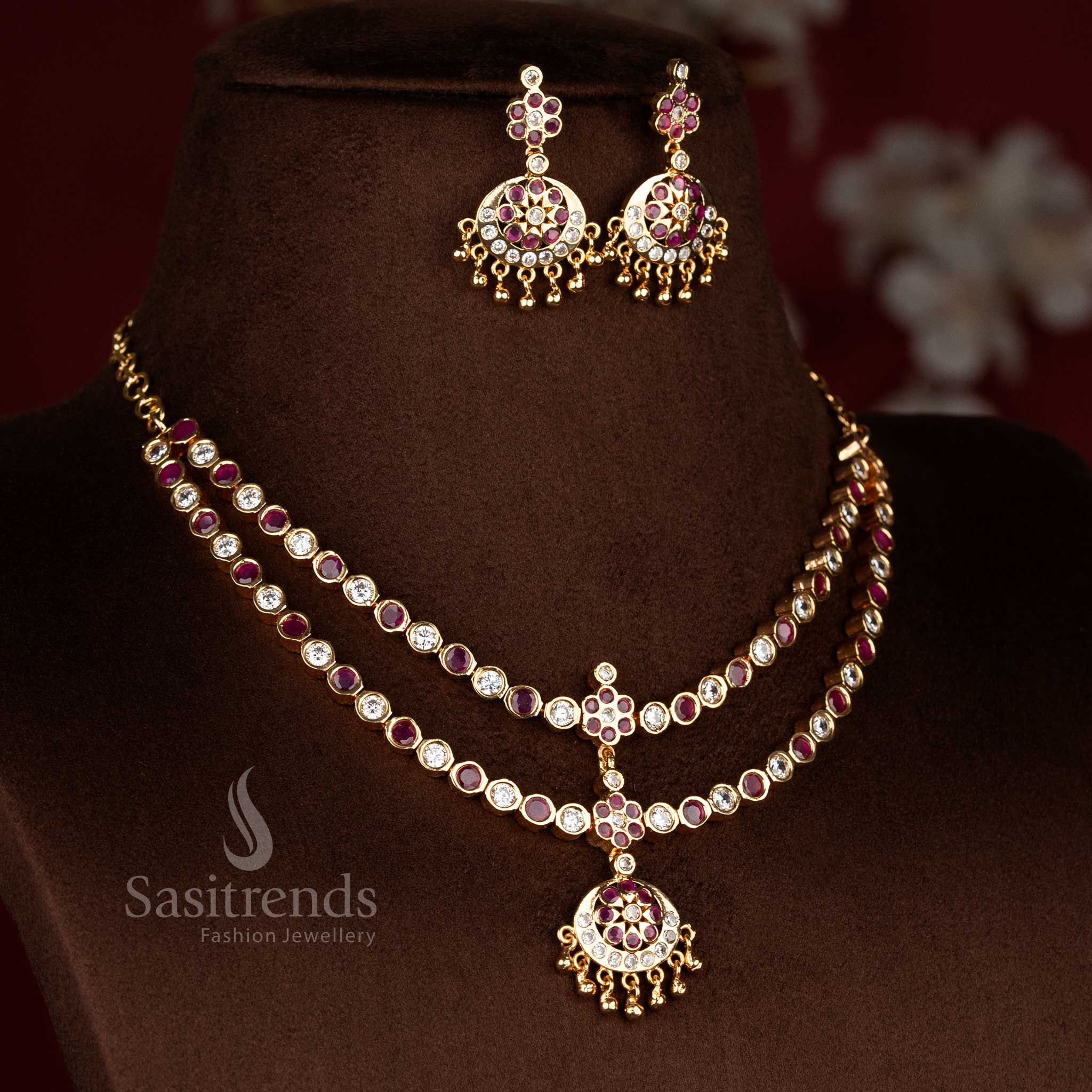 Heritage cultural ruby micro gold plated crescent floral round stone layered attigai necklace for festive charm jewellery - Sasitrends