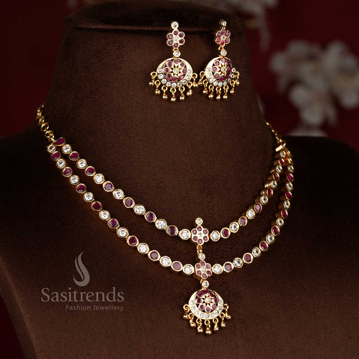 Heritage cultural ruby micro gold plated crescent floral round stone layered attigai necklace for festive charm jewellery - Sasitrends