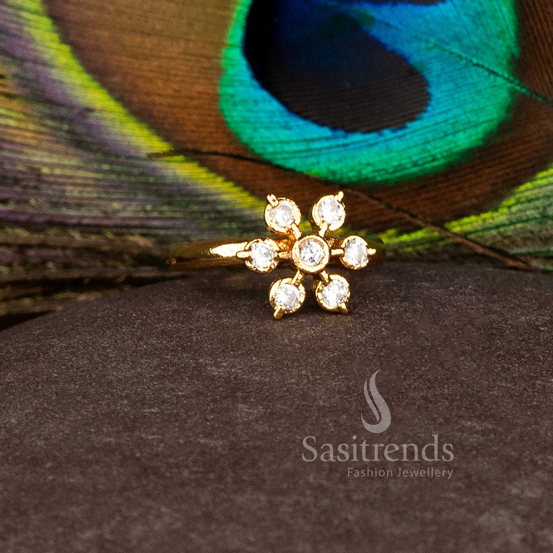 Luminous white petal cluster micro gold AD ring designed for radiant bridal celebrations and exquisite ethnic festival ensembles – Sasitrends