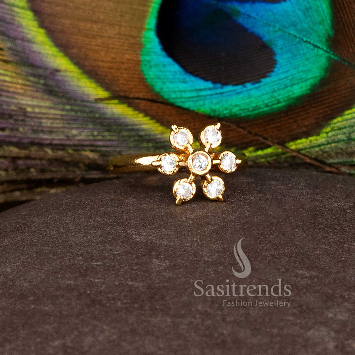Luminous white petal cluster micro gold AD ring designed for radiant bridal celebrations and exquisite ethnic festival ensembles – Sasitrends
