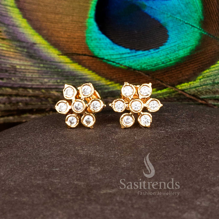 Celestial white micro gold AD round flower stud earrings with Addigai design, perfect for festive celebrations and bridal ethnic wear – Sasitrends