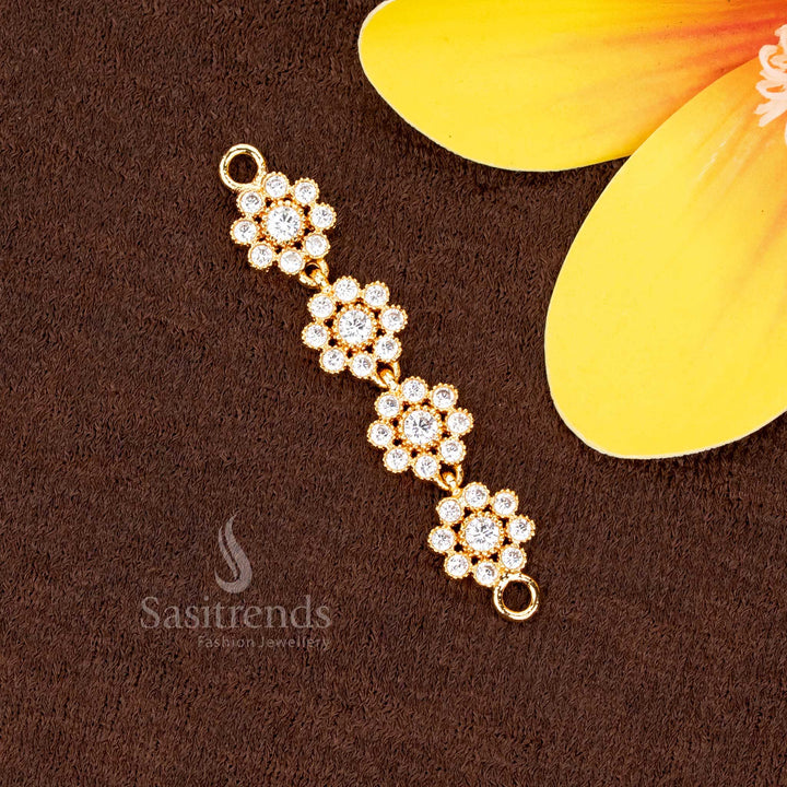 Ethereal white micro gold plated Addigai Panchaloha pendant with exquisite floral Mugappu design, perfect for sophisticated celebration ensembles – Sasitrends