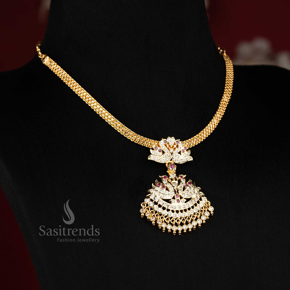 Royal micro gold plated addigai necklace with white ruby accents and elegant duck motifs, graceful jewellery choice for festive saree and bridal wear - Sasitrends