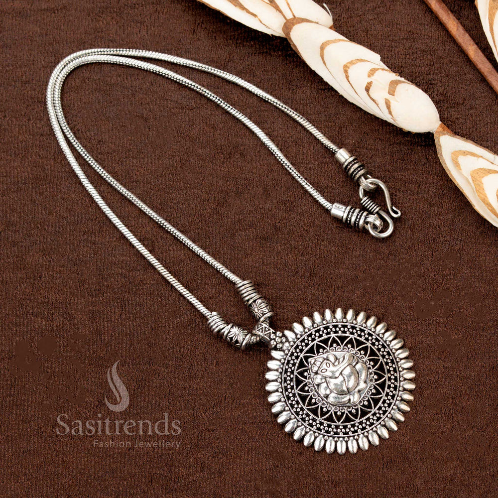 Boho chic oxidised silver Lord Ganesha necklace with pendant, artisanal Indian devotional jewellery for women, ideal for festive gatherings and mindful fashion by Sasitrends