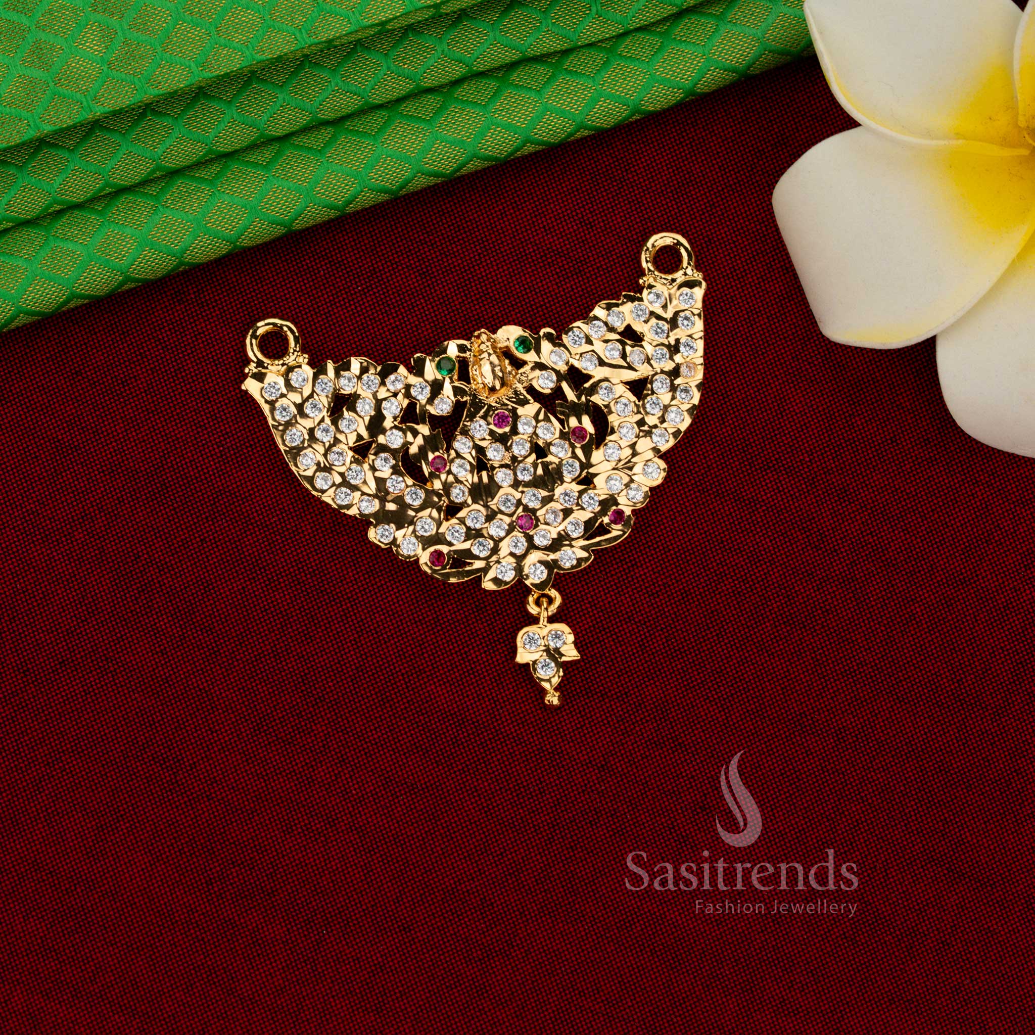 Festive radiance impon micro gold plated Goddess Lakshmi AD stone pendant multi with one gram finish and 24 carat gold look for temple functions and weddings – Sasitrends