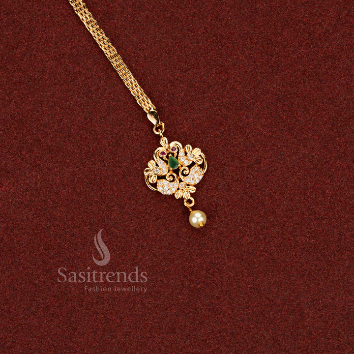 Royal plume guaranteed 24K micro gold plated American Diamond peacock maang tikka with pearl drop in multi colours, ideal for wedding ceremonies, bridal ensembles, and temple occasions – Sasitrends