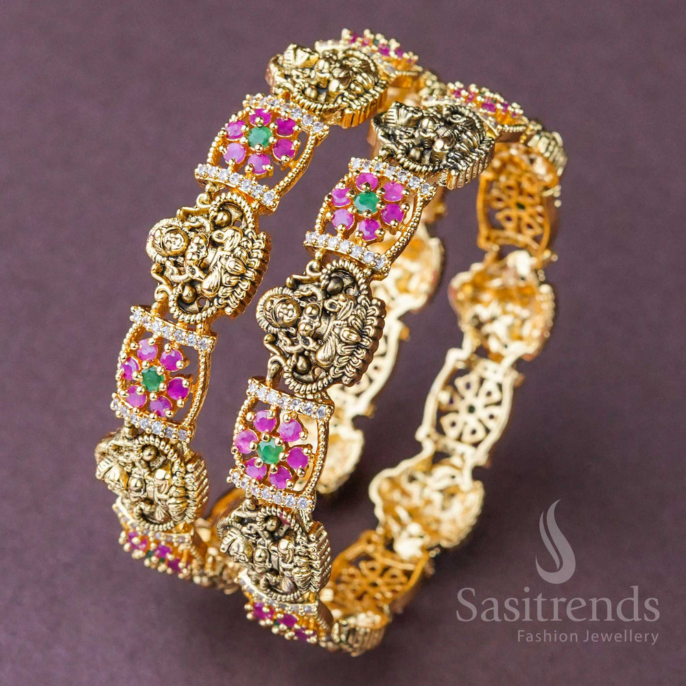 Mesmerizing temple-style matte gold bangle featuring detailed Lakshmi engraving and heritage-inspired design, perfect for bridal occasions and sacred ceremonies – sasitrends