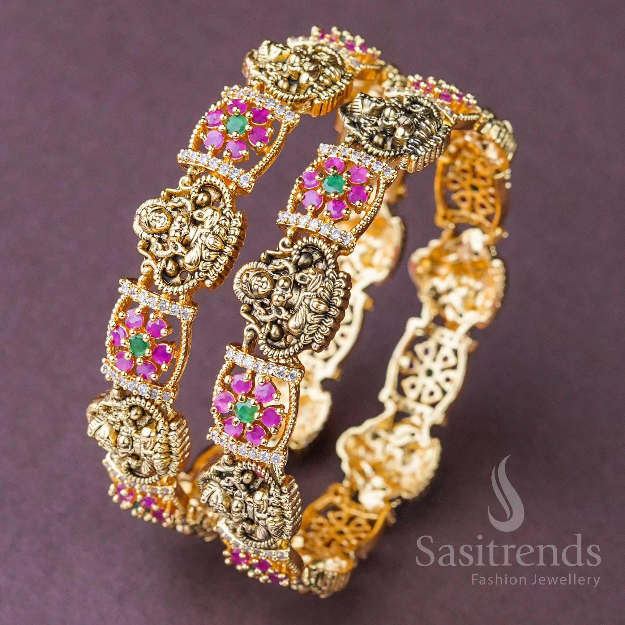 Mesmerizing temple-style matte gold bangle featuring detailed Lakshmi engraving and heritage-inspired design, perfect for bridal occasions and sacred ceremonies – sasitrends