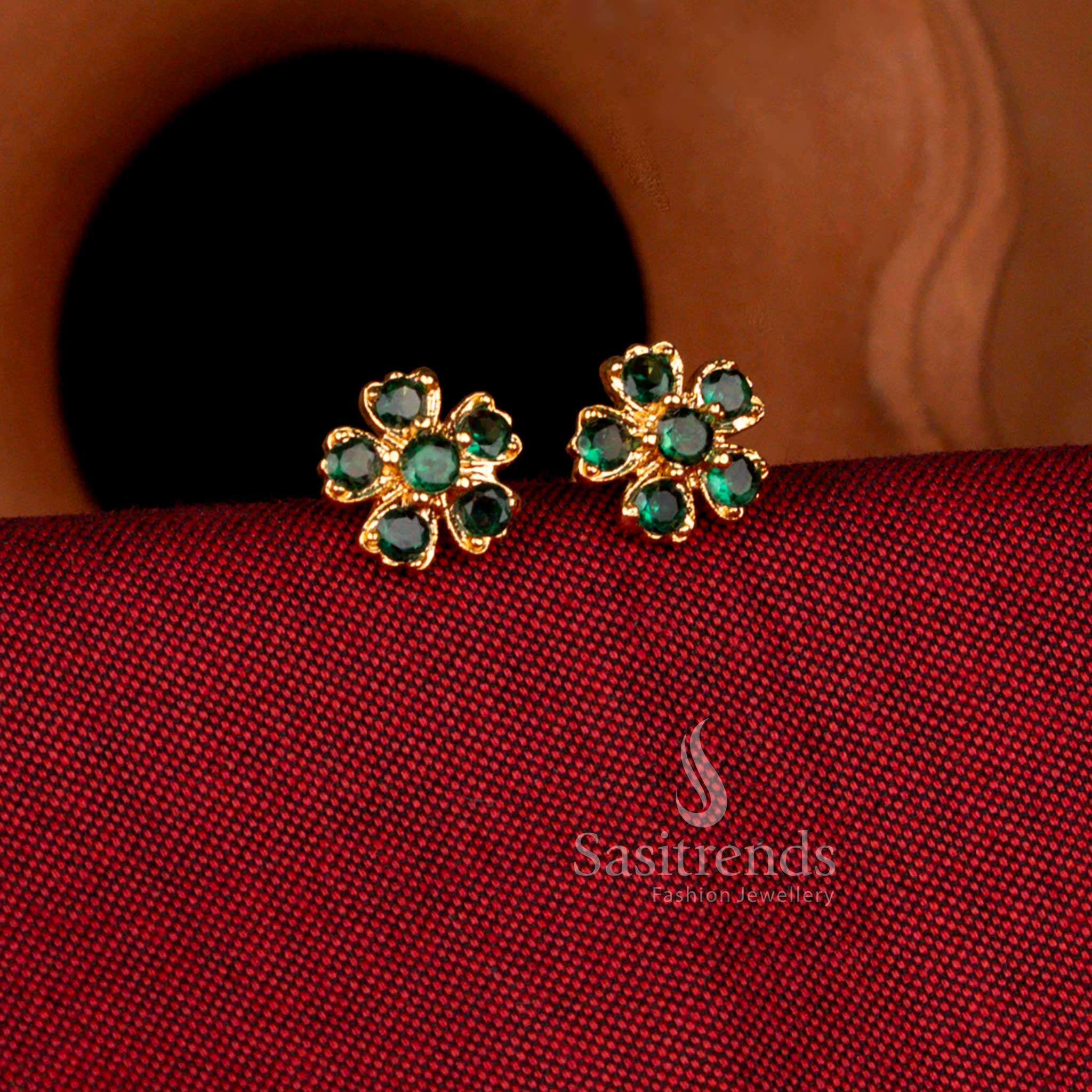 Opulent impon micro gold plated bloom heart round stone earrings in green sparkle ideal for weddings and pooja wear – Sasitrends