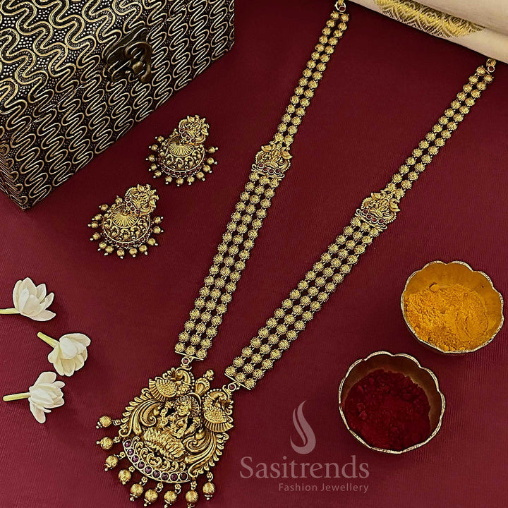 Divine Lakshmi Peacock Triple Layered Matte Gold Plated Long Jewellery Set with Jhumkas | Sasitrends