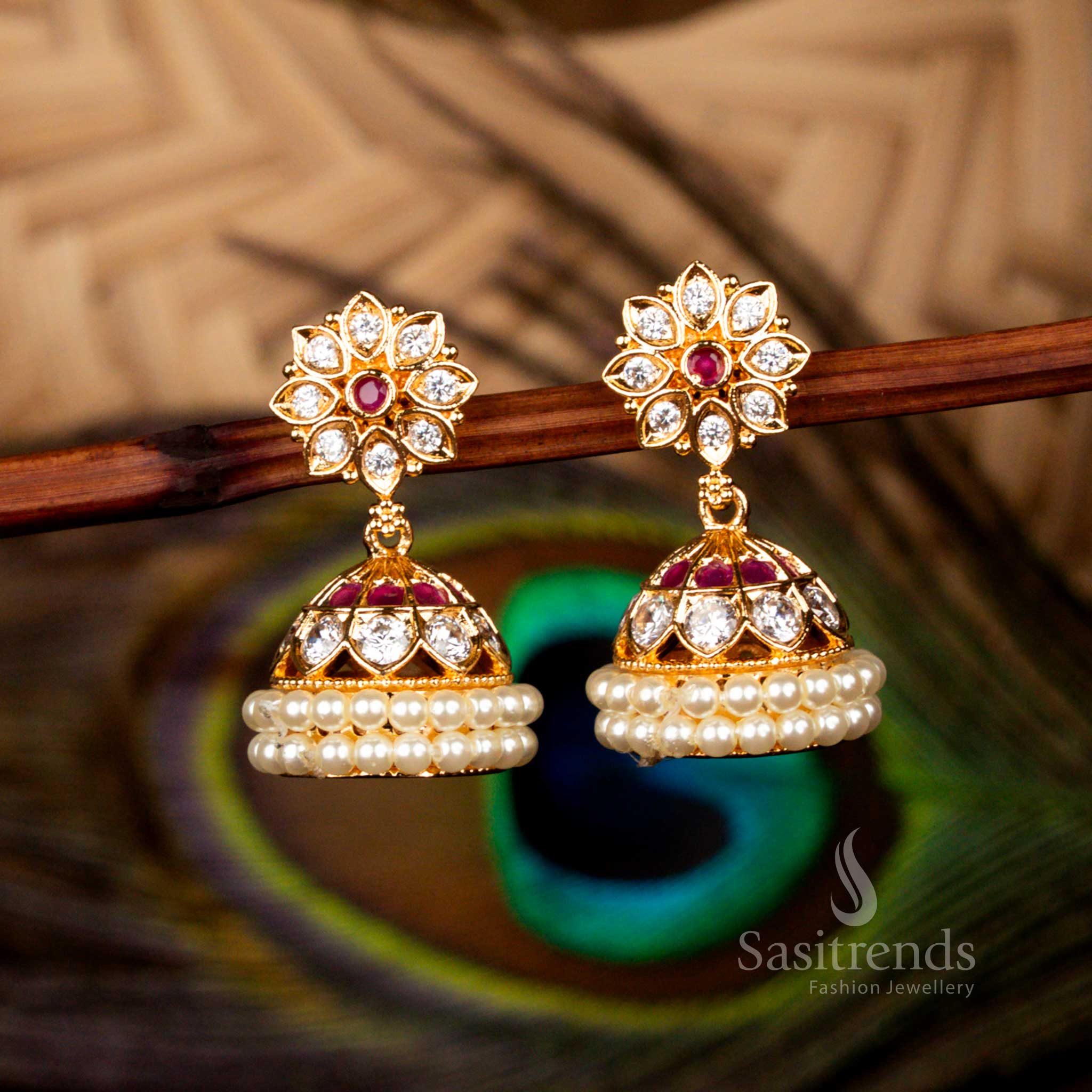 Charming micro gold plated guaranteed ad stone floral dome pearl earrings in white ruby for festive and cultural style - Sasitrends