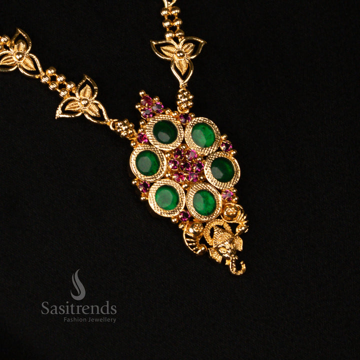 Divine micro gold plated Kerala Palakka necklace in ruby-green hues, showcasing an exquisite Vinayagar motif, AD stone embellishments - Sasitrends