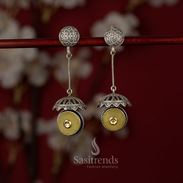 Charming oxidised statement earrings with rod structure, dome finish and yellow accent perfect for ethnic wear – Sasitrends