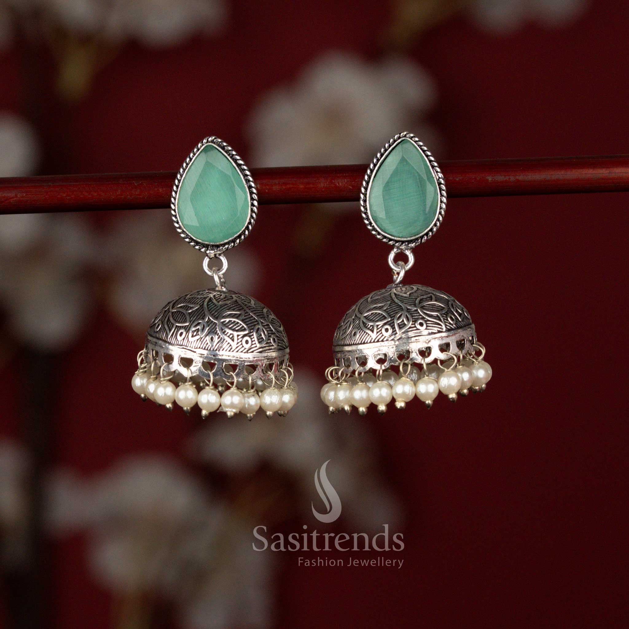 Radiant oxidised Monalisa teardrop jhumka earrings in mint shade suited for ethnic wear, kurti styling and functions – Sasitrends
