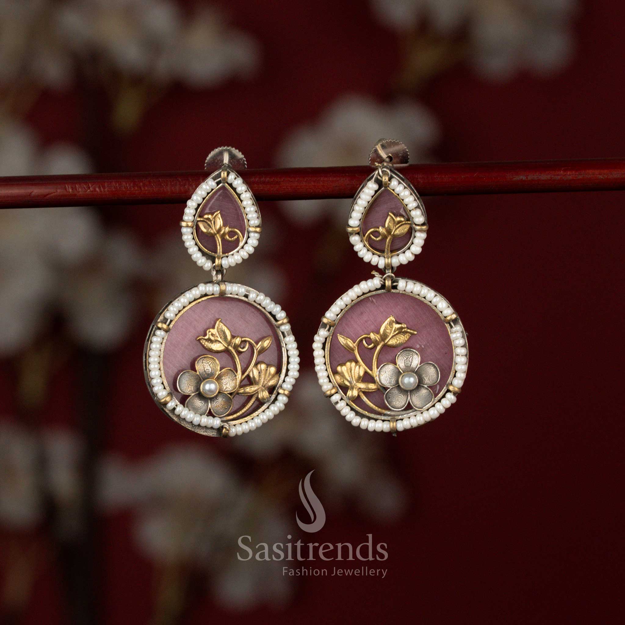 Divine-oxidised-round-flower-pearl-earrings-pink-ethnic-wear-Sasitrends