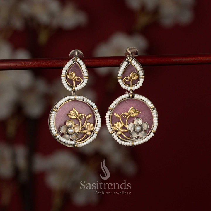 Divine-oxidised-round-flower-pearl-earrings-pink-ethnic-wear-Sasitrends
