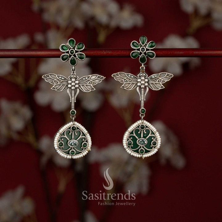 Beautiful Antique Oxidised 6-Petal Floral Dragonfly Wings Teardrop Earrings with Pearl Accents for Navarathri Wear - Sasitrends