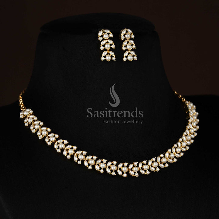 Timeless micro gold plated pearl crescent teardrop round AD necklace set finished with pearl accents for elegant styling-Sasitrends