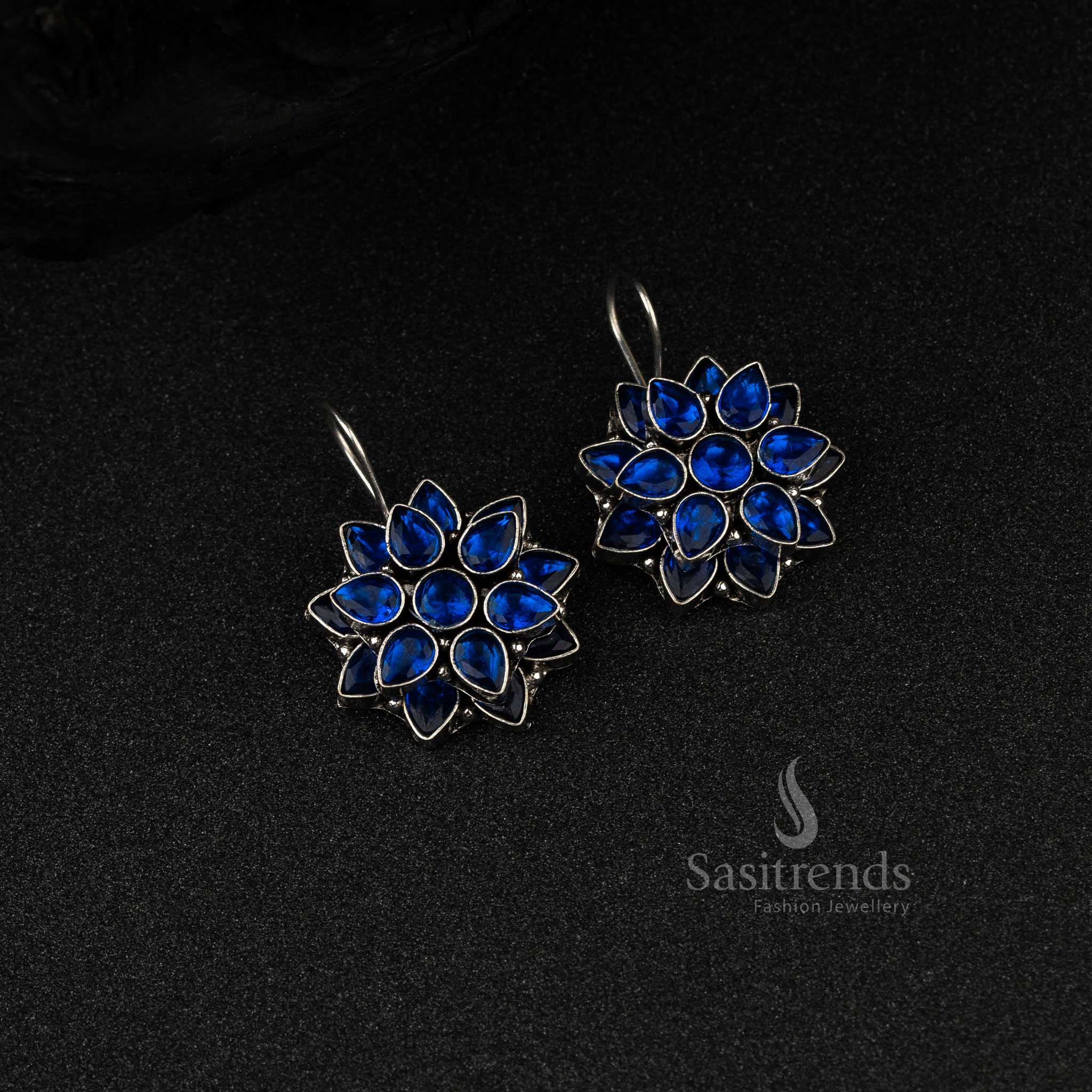 Double Flower Pattern AD Studded Oxidized German Silver Earrings