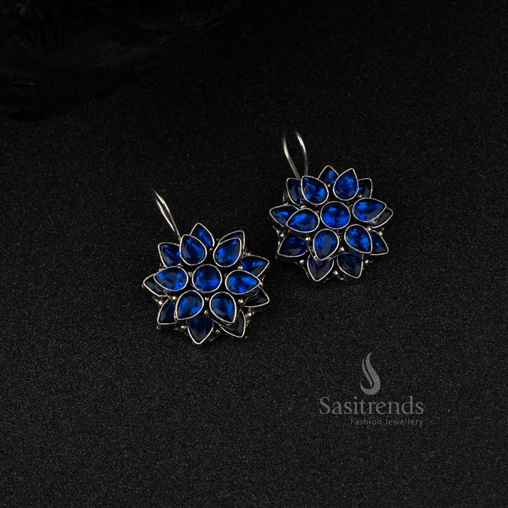 Double Flower Pattern AD Studded Oxidized German Silver Earrings