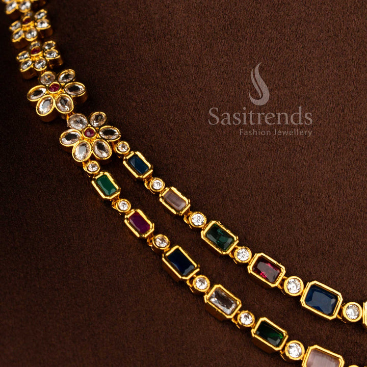 American diamond matte gold plated double layer necklace featuring multi colour baguette stones arranged in floral pattern for saree styling – Sasitrends