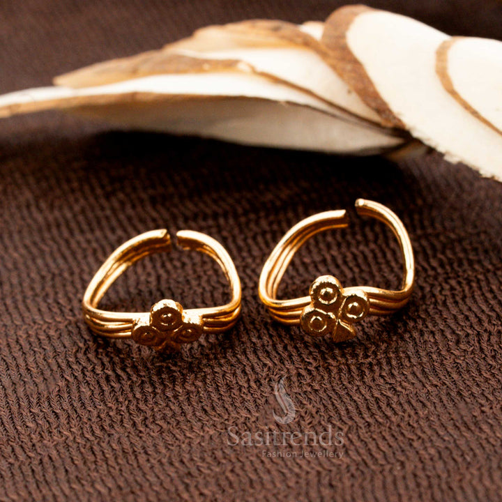 Double coil toe rings with triple bell charms – rich micro gold plated one gram jewellery for ceremonial and traditional outfits - Sasitrends