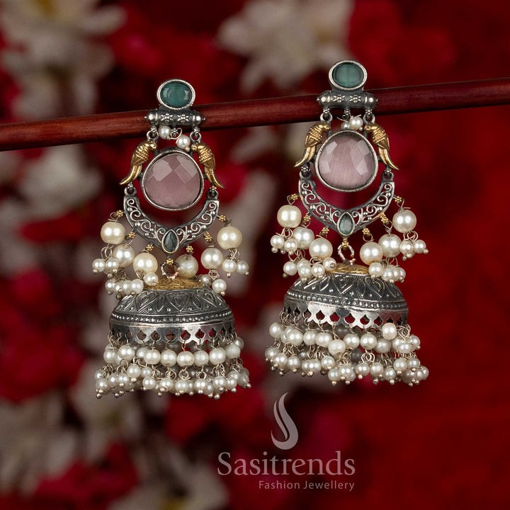 Playful dual tone 92.5 silver plated oxidised bird crescent dangler earrings pink mint colour for fusion celebrations Sasitrends