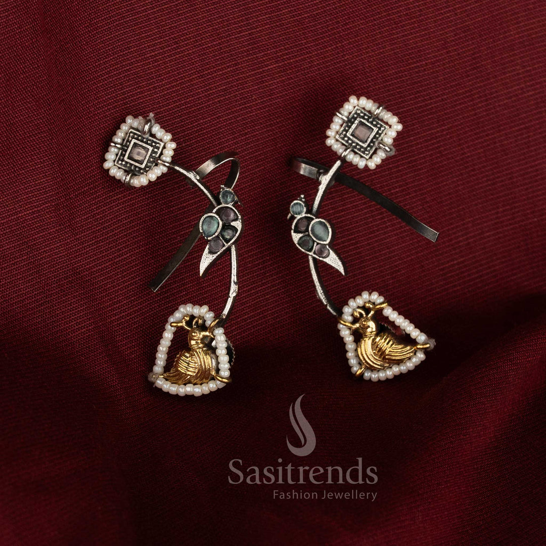 Pastel heritage oxidised silver dual tone pink mint peacock stone ear cuffs with cultural merge jewellery - Sasitrends