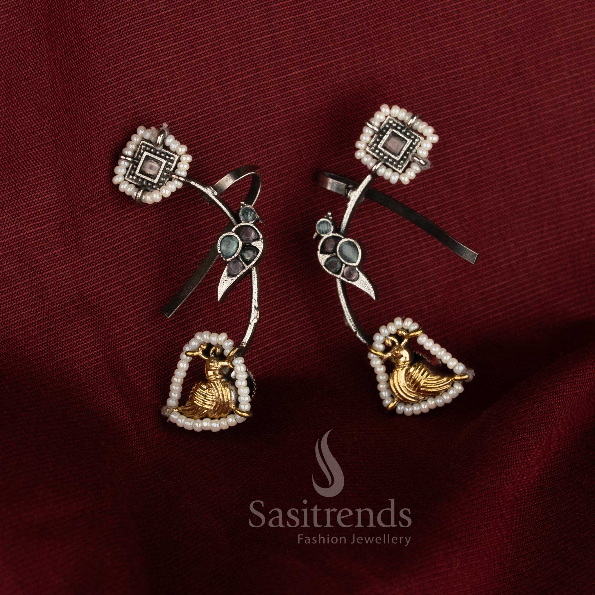 Pastel heritage oxidised silver dual tone pink mint peacock stone ear cuffs with cultural merge jewellery - Sasitrends