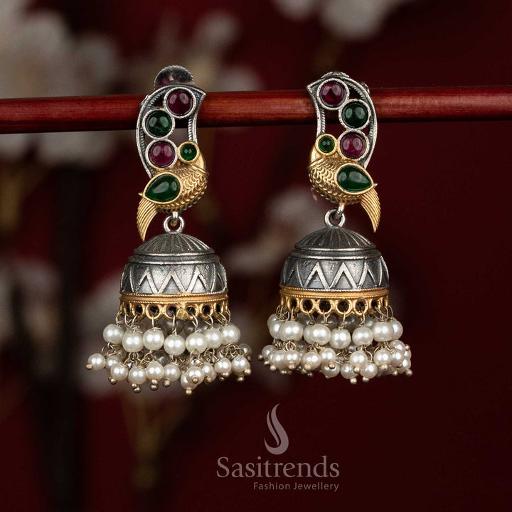 Festive blend oxidised ruby green silver dual tone peacock Monalisa jhumkas with pearl drop earrings for ethnic - jewellery - Sasitrends