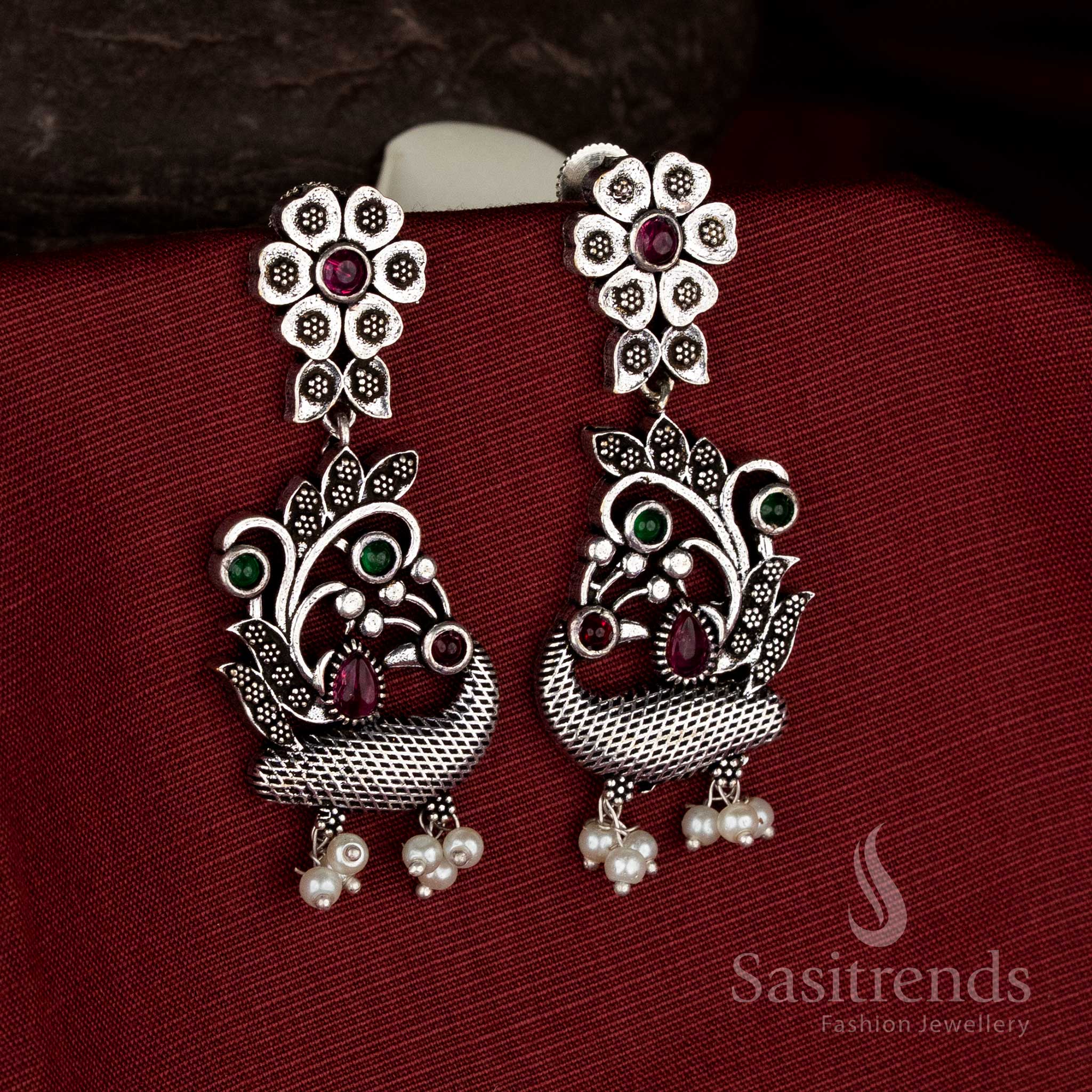 Classic fusion oxidised silver floral peacock ruby green pearl drops jewellery - Sasitrends