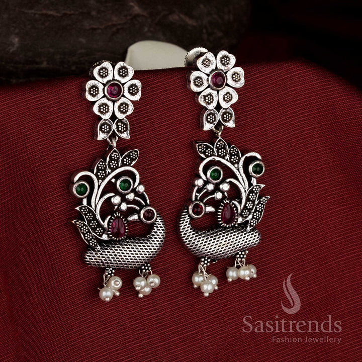 Classic fusion oxidised silver floral peacock ruby green pearl drops jewellery - Sasitrends