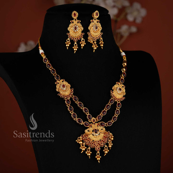 White-ruby dual peacock necklace set with classic matte gold plating, oval and teardrop stones, golden beads for ethnic and festive occasions jewellery – Sasitrends