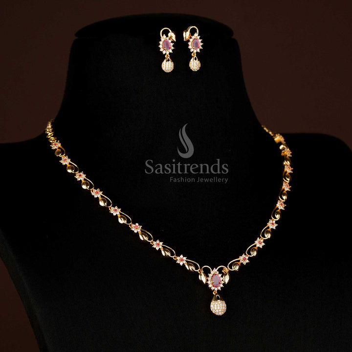 Opulent blend micro gold AD teardrop pendant necklace featuring white and ruby dual-tone stones, designed for traditional celebrations and bridal luxury – Sasitrends