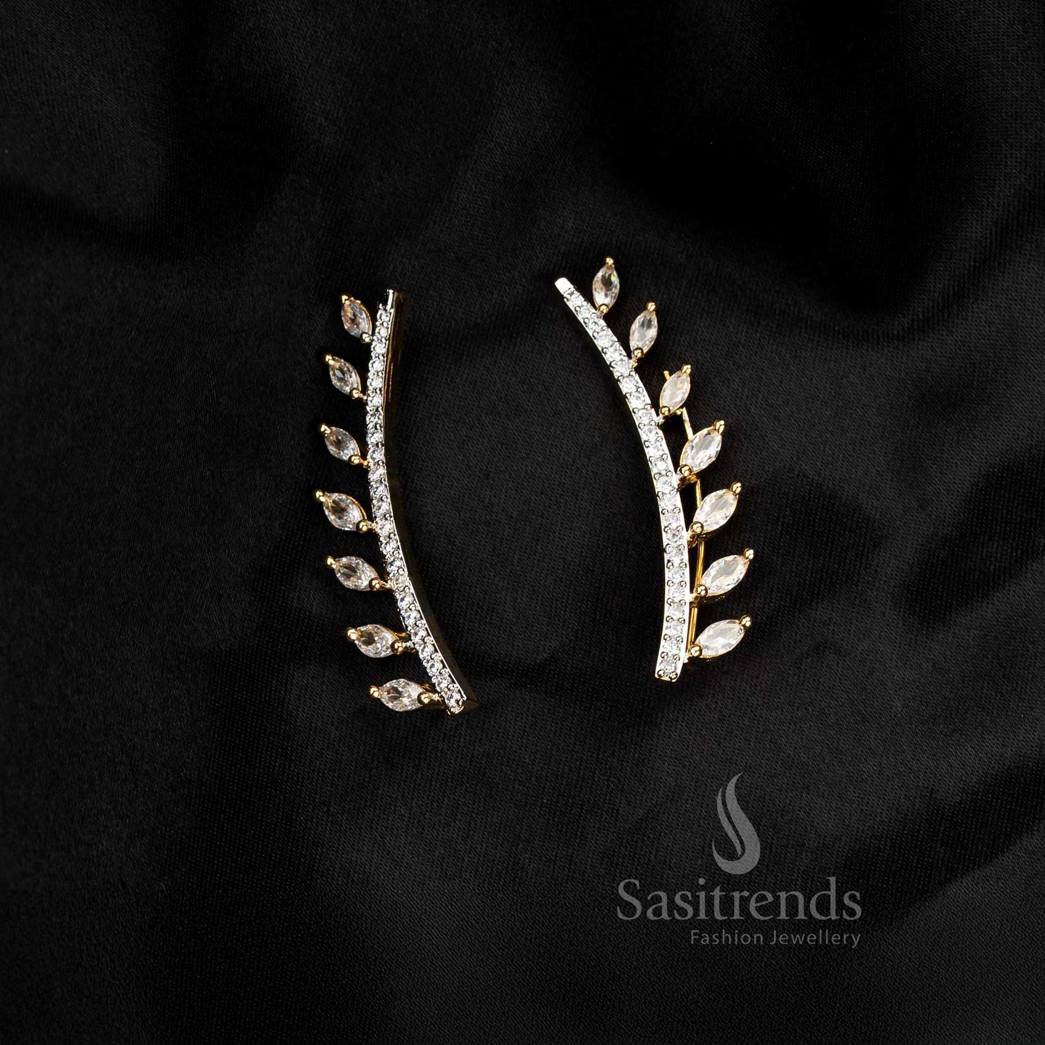 Stylish Gangajamuna AD leaf vine ear climber cuff earrings suited for trendy designer outfits and bold fashion accessorising – Sasitrends