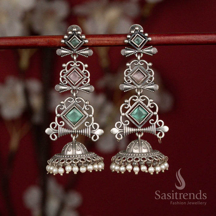 Pastel pink mint antique oxidised 92.5 silver geometric stone long jhumka earrings with pearl hangings for ethnic wear - jewellery - Sasitrends