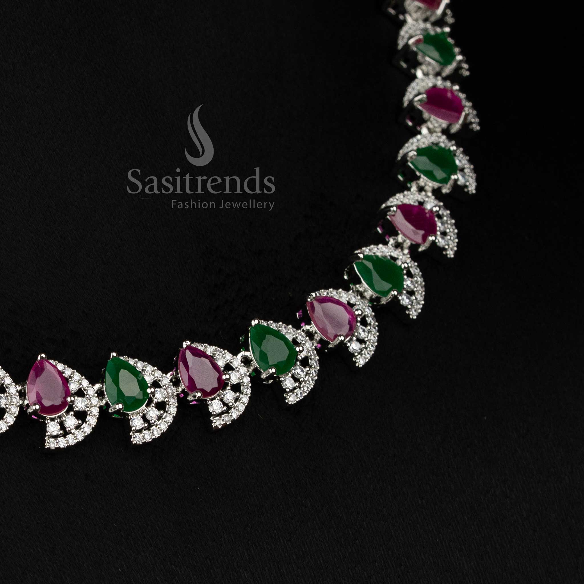 Elegant Ruby Green Rhodium Silver American Diamond Teardrop Necklace Designed For Stylish Occasions – Sasitrends