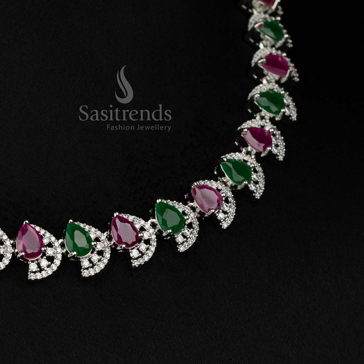 Elegant Ruby Green Rhodium Silver American Diamond Teardrop Necklace Designed For Stylish Occasions – Sasitrends