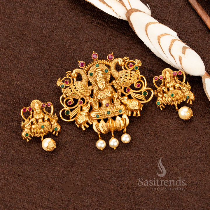 Traditional Temple Matte Gold Plated Pendant with Matching Earrings for Festive and Wedding Wear