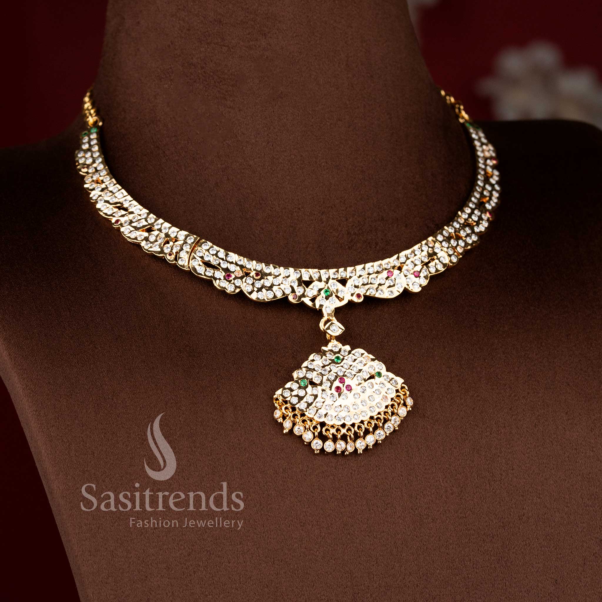 Celestial wedding impon attigai necklace in multi shades with decorative fan pendant and luxurious one gram finish – Sasitrends