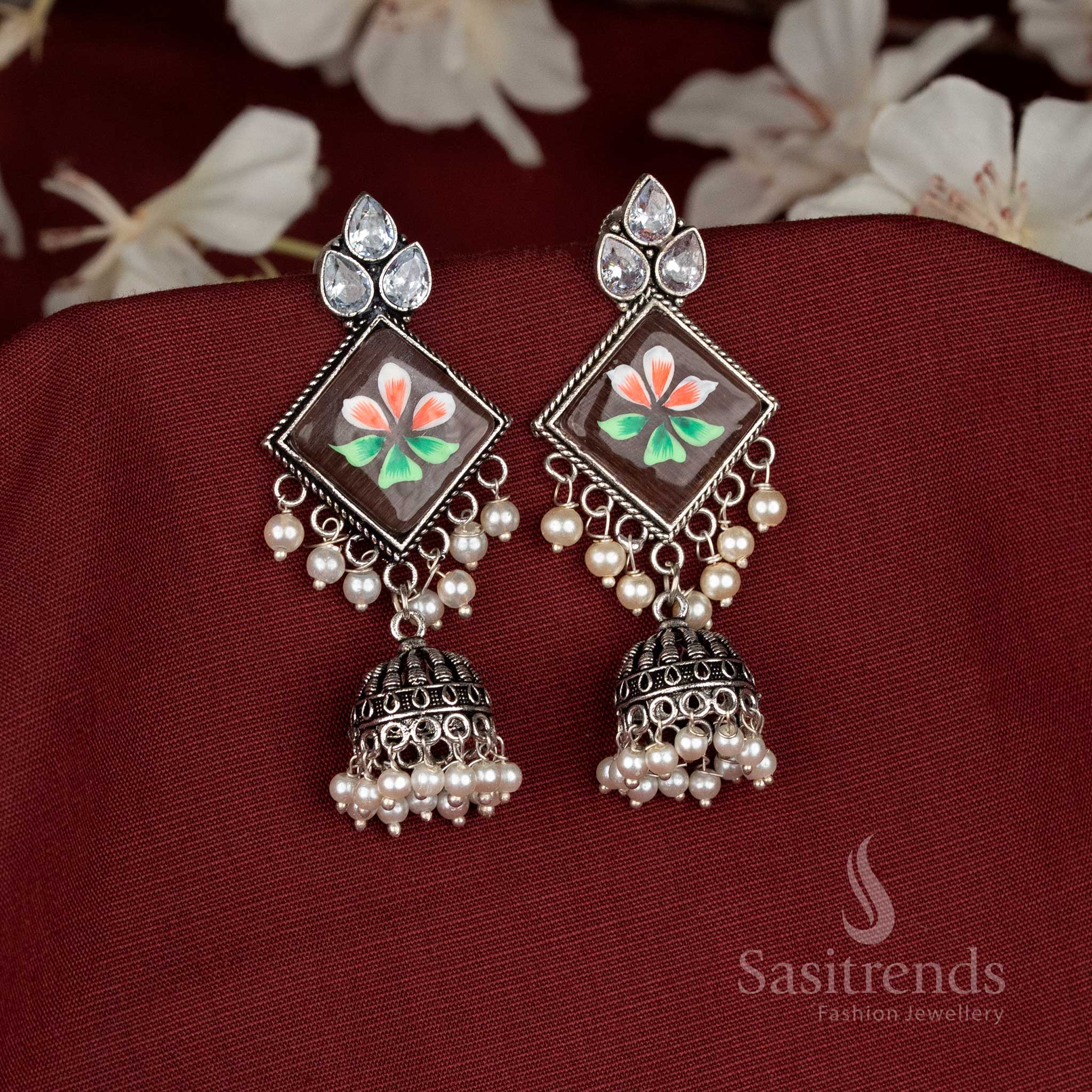 Oxidised brown Monalisa stone diamond-cut jhumka earrings designed for festive celebration beauty with handcrafted detailing – Sasitrends