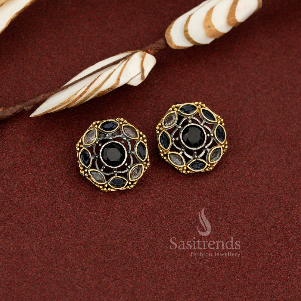 Midnight terra white-blue antique oxidised round lattice circle stone earrings ideal for trendy daily wear and elegant evening styling – Sasitrends