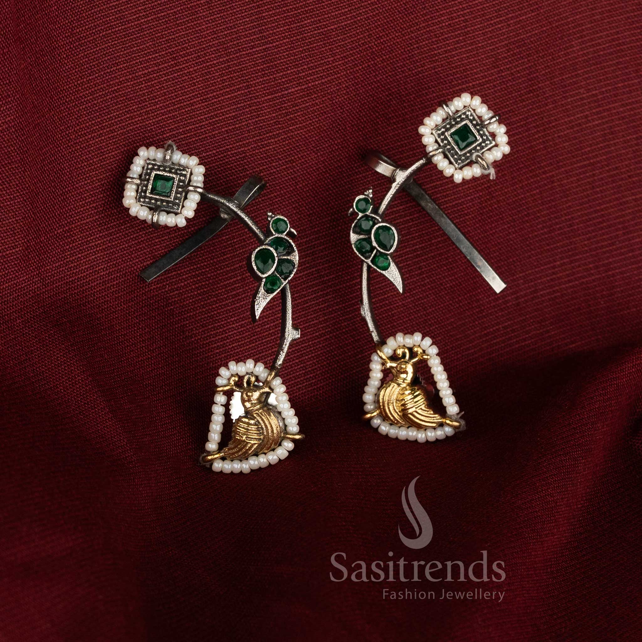 Traditional forest tone oxidised silver dual tone green peacock stone ear cuffs for cultural style jewellery - Sasitrends