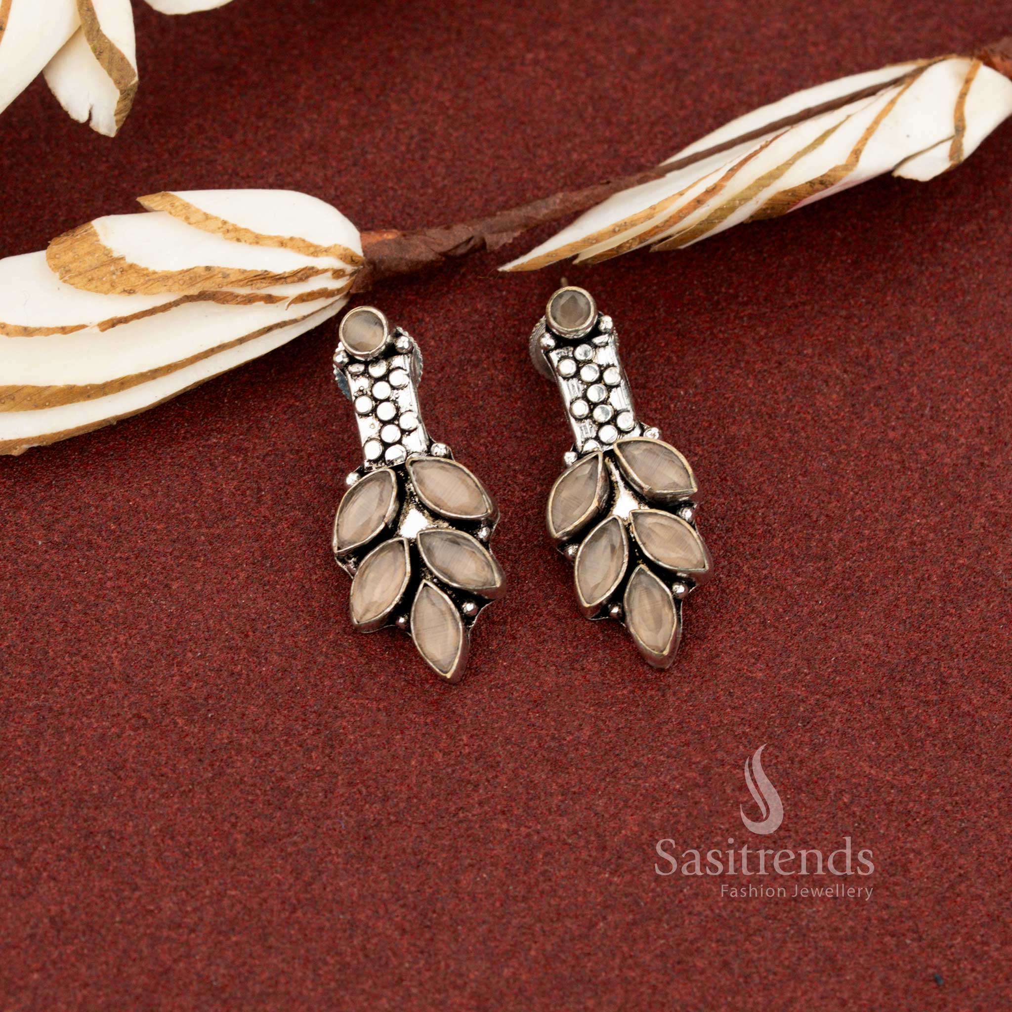 Earthy brown oxidised marquise leaf cluster stone earrings crafted for subtle office coordination and everyday professionalism – Sasitrends