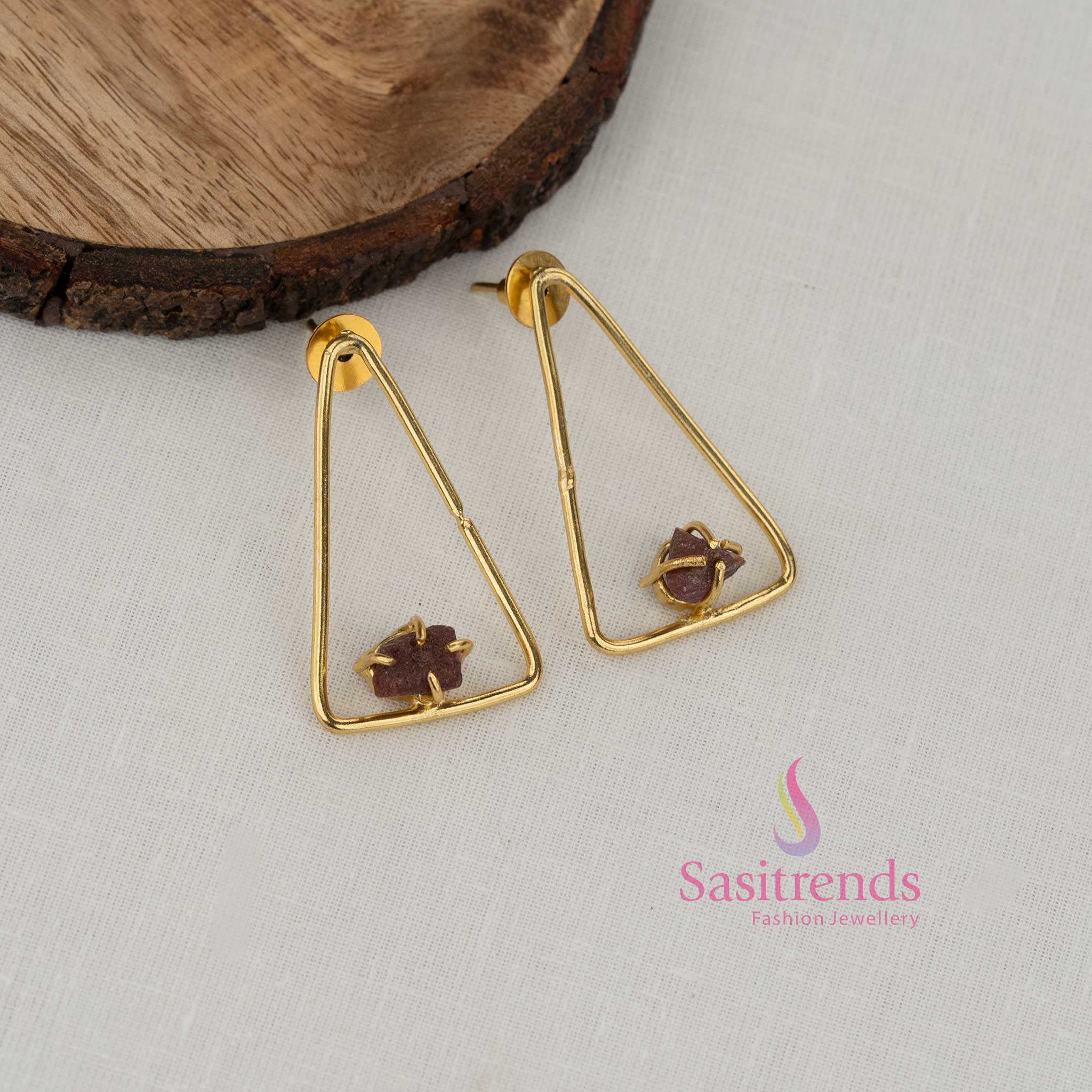 Rustic brown triangle natural stone gold plated earrings offering geometric charm for elegant office wear ethnic fashion and everyday looks - Sasitrends