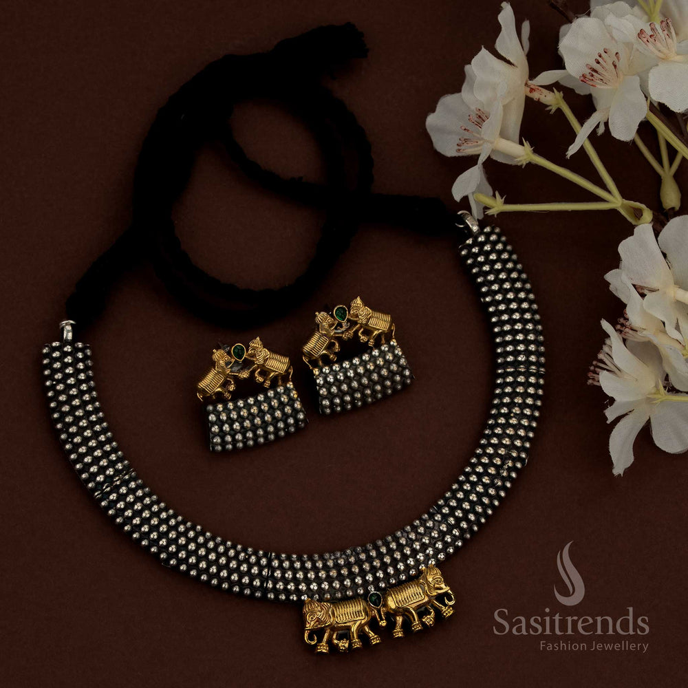 Temple inspired oxidised dual tone green Gaja elephant husli choker necklace for traditional ethnic styling - Sasitrends