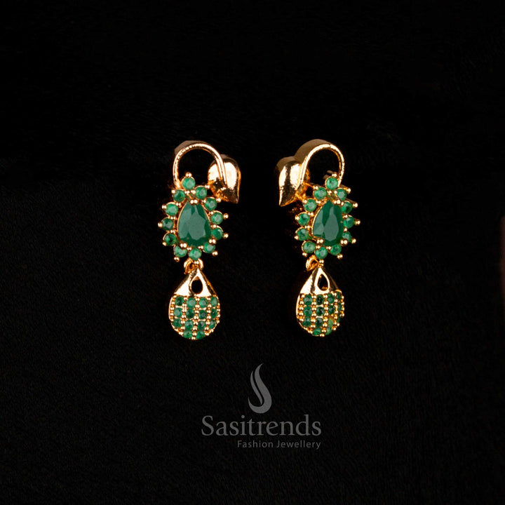 Emerald lush micro gold plated AD teardrop stud earrings featuring green gemstones, perfect for bridal statement jewellery and cultural celebrations – Sasitrends