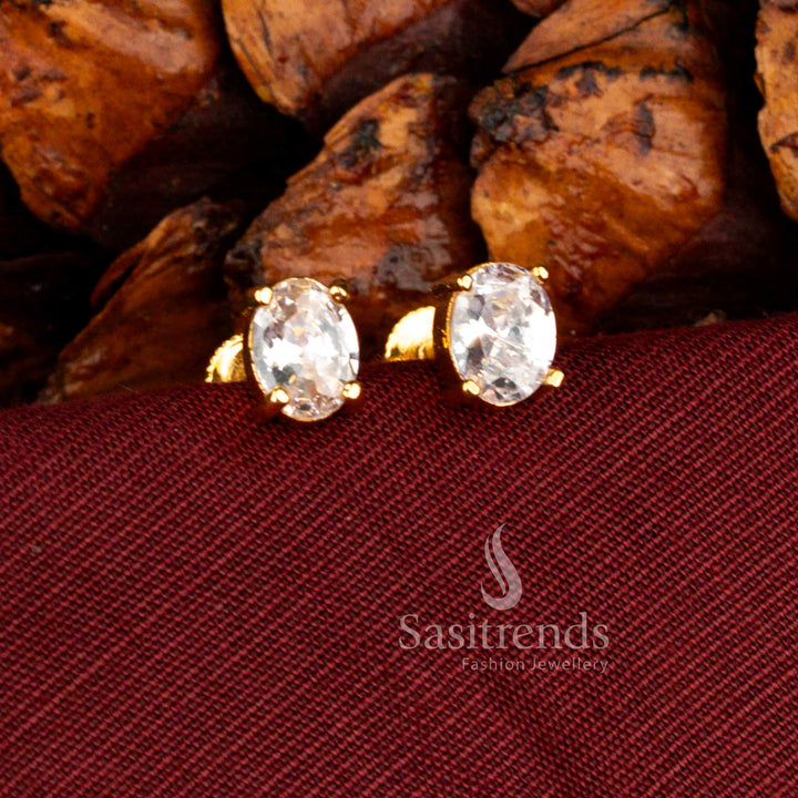 Guaranteed 24K micro gold plated elegant American diamond oval solitaire stud earrings with classic prong setting in white tone for office and daily wear – Sasitrends