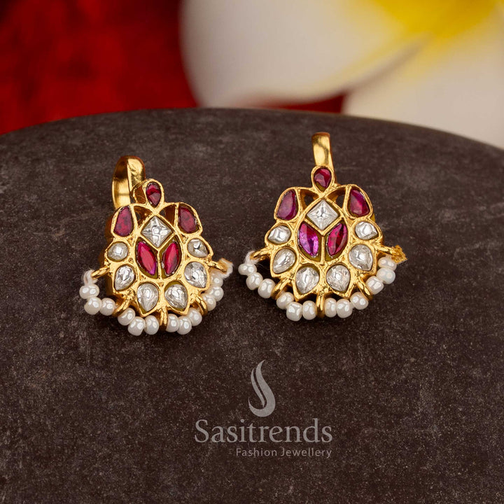 Regal ruby white kundan jadau bugadi ear cuffs featuring teardrop leaf crescent stones pearls - Sasitrends