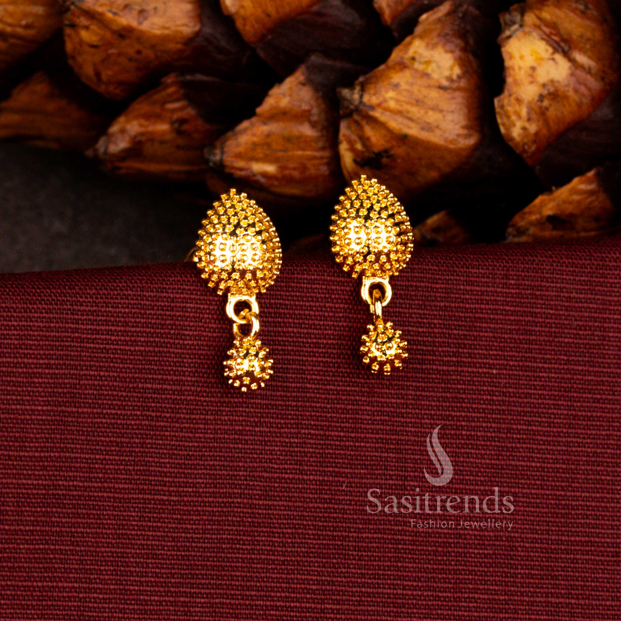 Graceful one gram 24K micro gold plated pear pattern earrings with luminous finish, perfect for family celebrations, traditional attire, and festive styling – Sasitrends